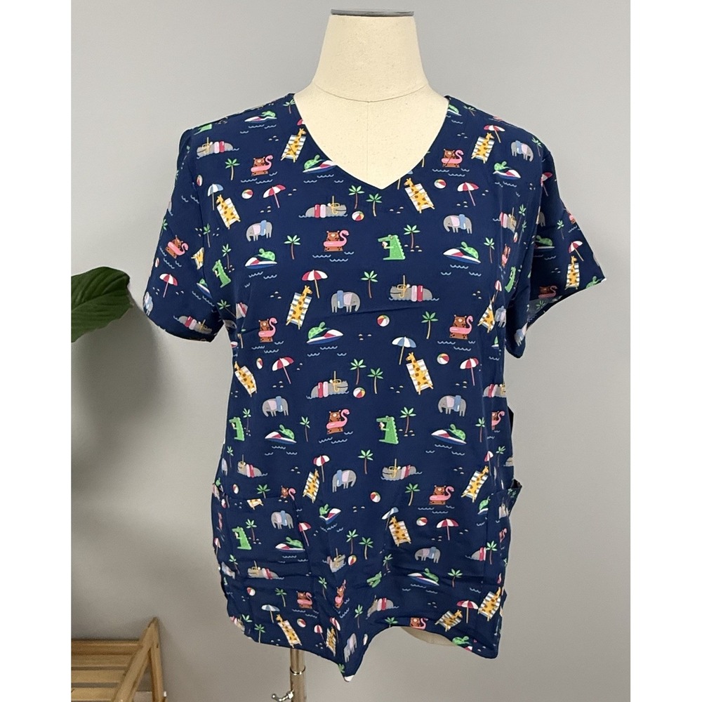 NWT Zoe Chloe Safari Splash Scrub Top 2X Animals Hippo Giraffe Alligator Scrubs